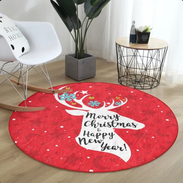 De Groen Home Rond Vloerkleed Ø120cm - Merry Christmas & Happy New Year - Wasbaar Antislip - Laagpolig Tapijt - Christmas - Kerst Decor Rood