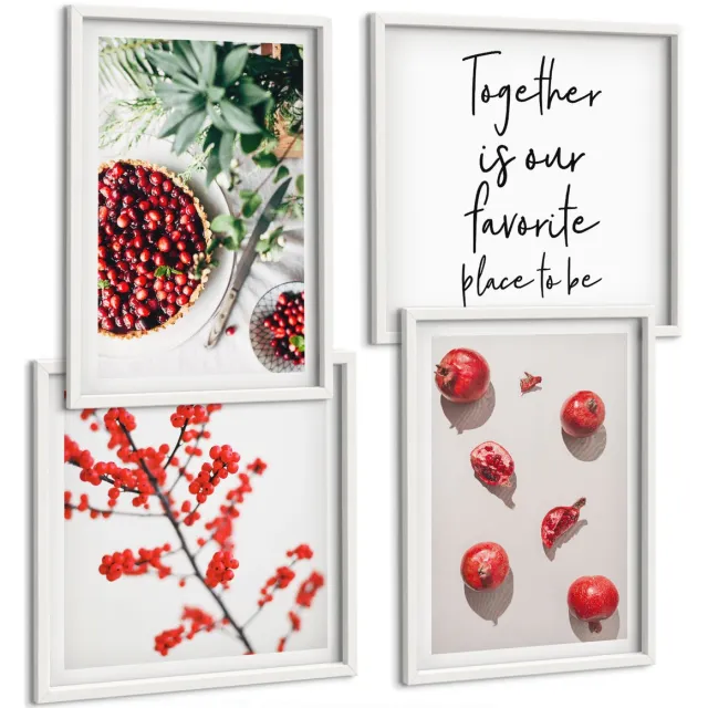 Coloray 4-Delige Schilderij Set - Rode Vruchten En Planten In Een Minimalistische Stijl - 40 x 40 En 40 x 60 - Wanddecoratie - Schilderijen Set - Kantoor - Woonkamer Decoratie Witte lijst