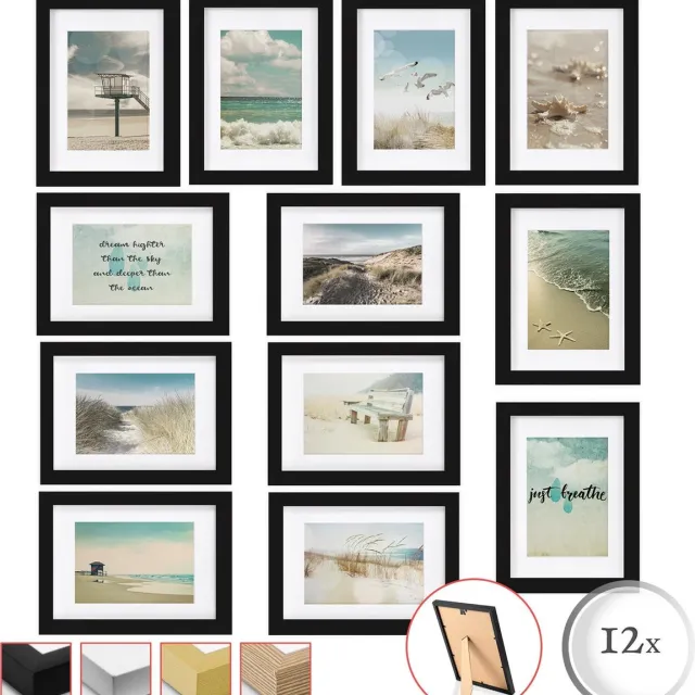 bomoe Ocean Set van 12 Fotolijsten Houten Picture Frames 12 x 13x18cm Fotolijst Zwart van Hout met Kunststof Glas - Metalen Ophanging, Standaard & Passepartout