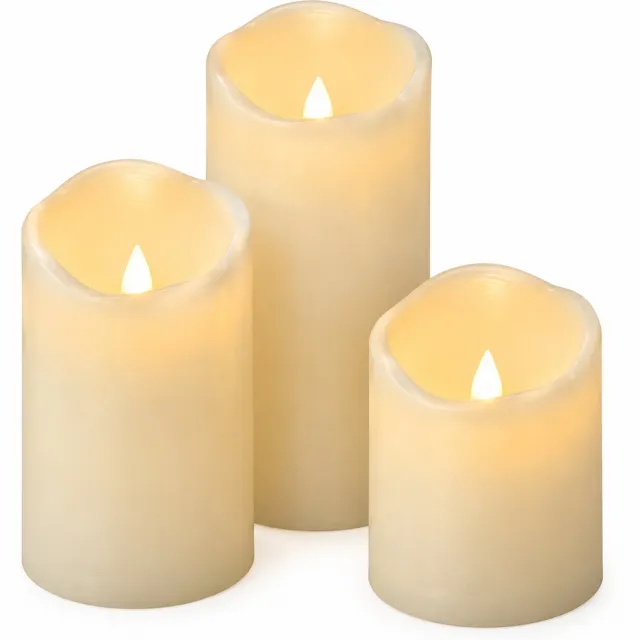 SWGOTA led kaarsen, set van 3, diameter 7.5 cm en hoogtes 10/12.5/15 cm, standaarduitvoering met golvende kunststof bovenrand en vaste vlamvorm Ivoor