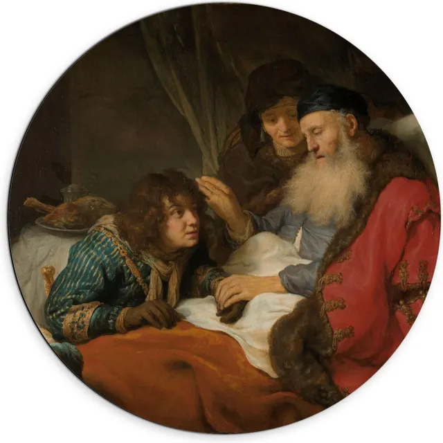 KuijsFotoprint Dibond Wandcirkel - Oude Meesters - Isaak zegent Jakob, Govert Flinck, ca. 1638 - 70x70cm Foto op Aluminium Wandcirkel (met ophangsysteem) Rood