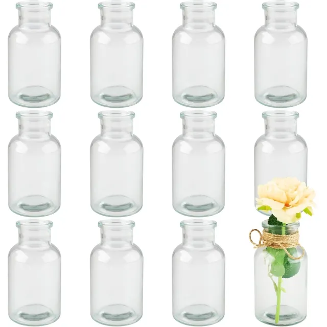 Famanu Kleine vazen - 12 stuks glazen vazen van 60 ml voor tafeldecoratie 8 -4 cm hoog - mini - vazen - glazen flesjes voor thuis - bruiloften - verjaardagen - feesten rood