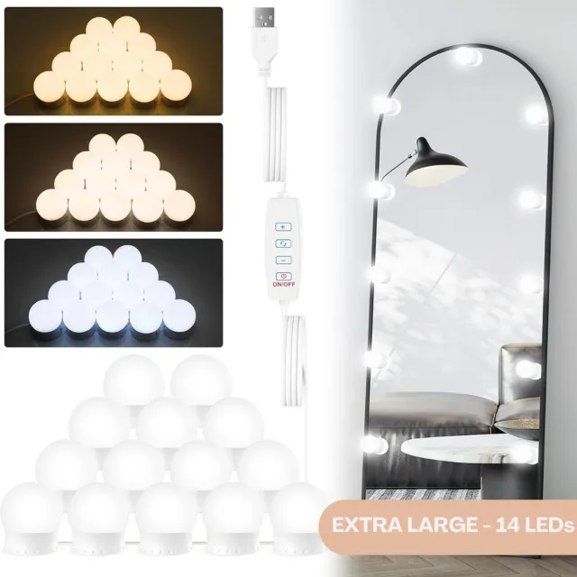KAIA Hollywood Spiegellampen – Spiegelverlichting met 14 LED Lampen – Extra Lang – Aansluiting via USB - Dimbare Make Up Spiegel Lamp – 6 Meter Kabel - 3 Instelbare Kleurtinten Wit