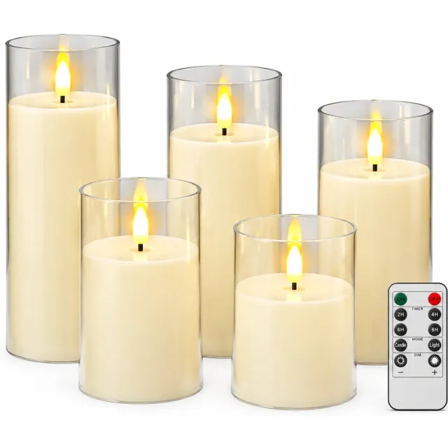 SWGOTA led kaarsen set van 5 met afstandsbediening, ivoorkleurig met transparante cilinder en vlamvorm, voor feestdecoratie