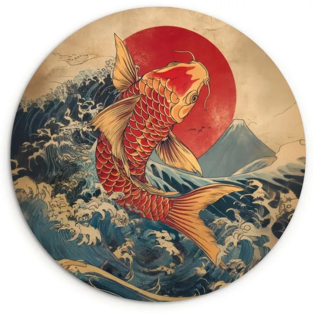 WallCircle Wandcirkel 120x120 cm - Muurcirkel Koi - Zee - Golven - Zon - Muurdecoratie woonkamer - Wanddecoratie slaapkamer - Kamer decoratie accessoires - Ronde schilderijen