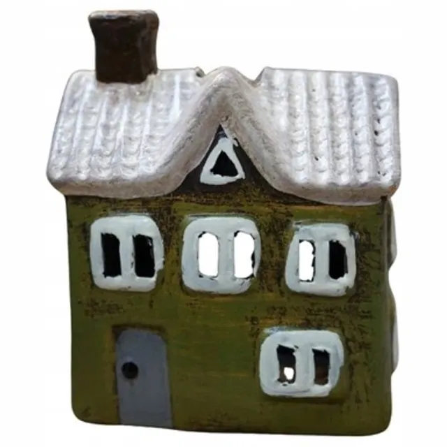 Canea Keramiek Huisje Tealight - 13 cm - Groen met Crème Dak