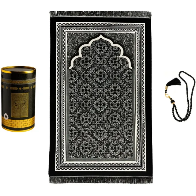 Baraka Treasures Gebedskleed Set - Kaaba Gebedskleed - Inclusief Tasbih & Giftkoker - Eid & Ramadan Geschenk - Opvouwbare Gebedskleed - 70x120 cm - Zwart/Wit
