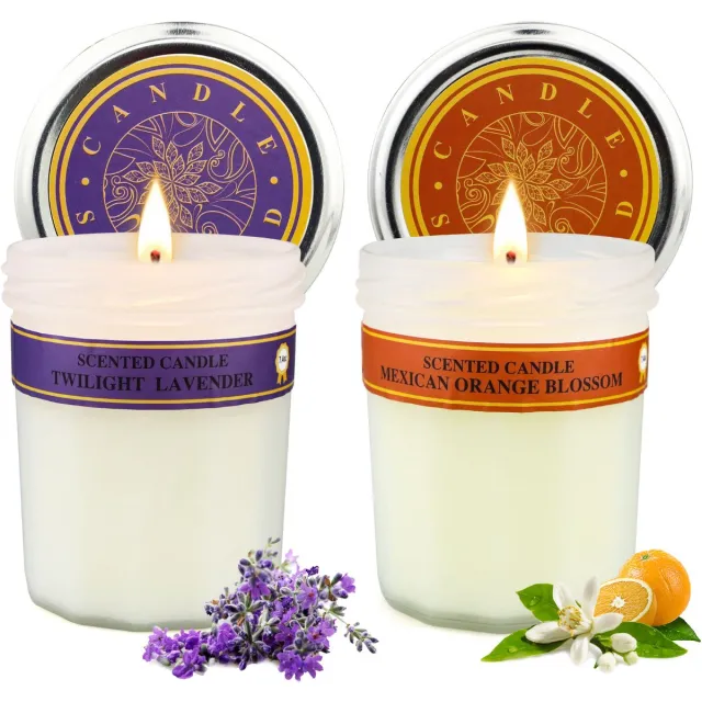 Froadp Aromatherapie Duftkerzen Geschenkset 210g – 2-teiliges Set Mit Aufklebern Und Can Glasses, Duftkerzen-Dekorationsset, Lavendel + Mexikanische Orangenblüte Lavendel en Mexicaanse oranjebloesem