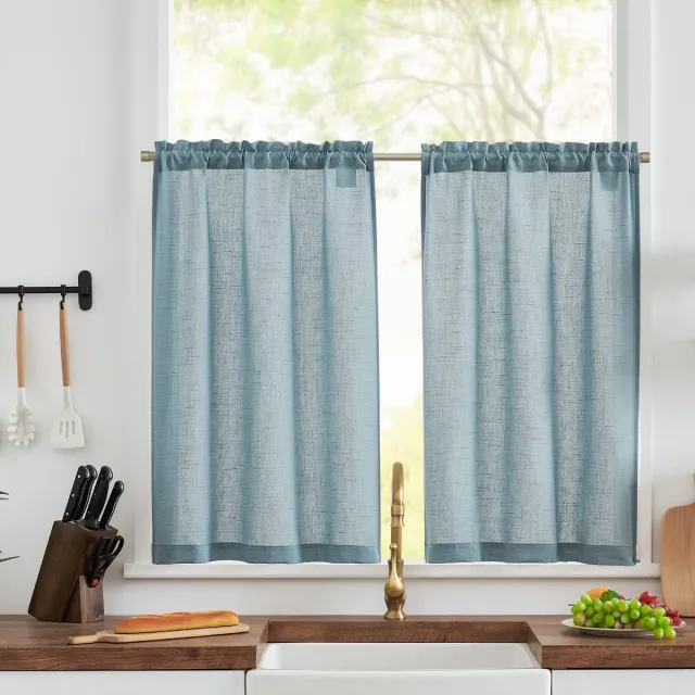 Ibenzoa Charmante Semi-Transparante Linnenlook Keukengordijnen voor Landelijke Sfeer, Set van 2, 65 x 90 cm blauw
