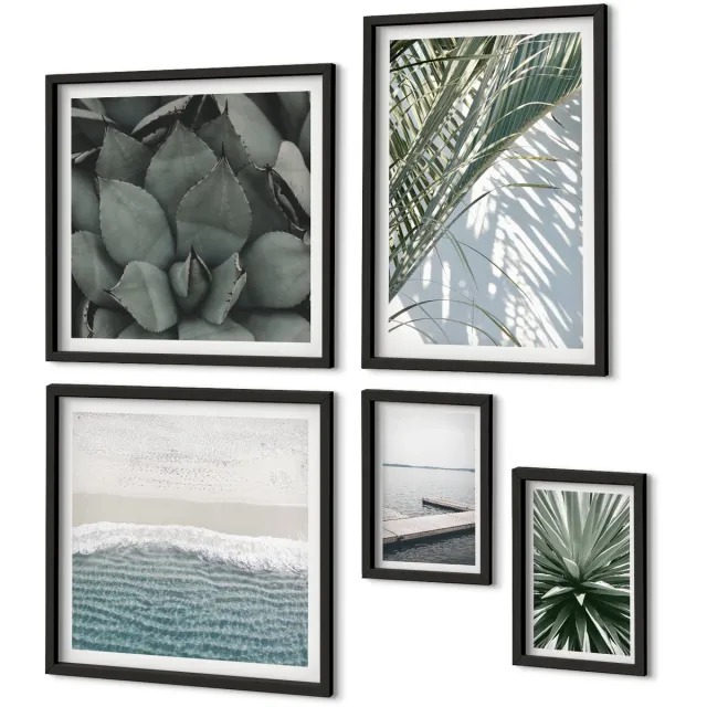 Coloray 5-Delige Schilderij Set - Tropische Plantenmotieven Met Uitzicht Op Zee - 50 x 50 cm, 20 x 30 cm En 40 x 60 cm - Decoratieve Muurdecoratie - Slaapkamer - Decoratieve Schilderijen Zwarte lijst