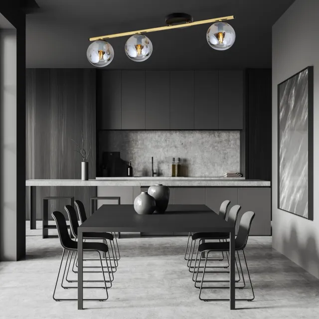 Emibig Lange plafondlamp 3x E14 messing en zwart met gerookte glazen bollen - Perfect voor een stijlvolle verlichting in uw interieur Messing, Zwartachtig