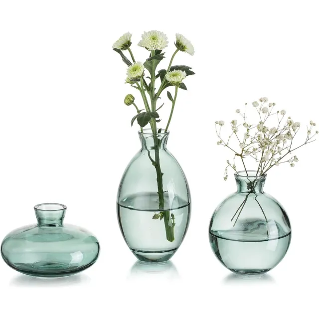 Famanu Kleine Vaas Voor Tafeldecoratie Handgemaakte Glazen Vazen Voor Bloemen - 3 - Delige Groene Vintage Knopvazen Esthetische Minivaasset Voor Kawaii Woonkamerinrichting Bruiloftsdecoraties Groente