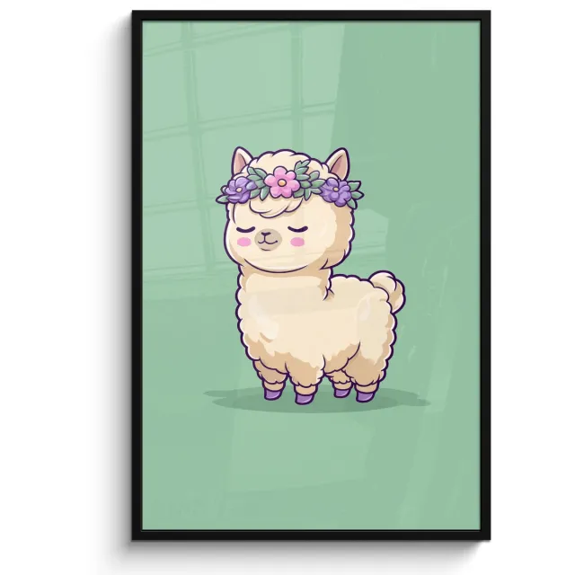 FrameYourWall Poster in lijst - Fotolijst 80x120 cm - Posters - Alpaca - Groen - Bloemendiadeem - Posterlijst zwart - Decoratie - Wanddecoratie woonkamer - Muurdecoratie slaapkamer