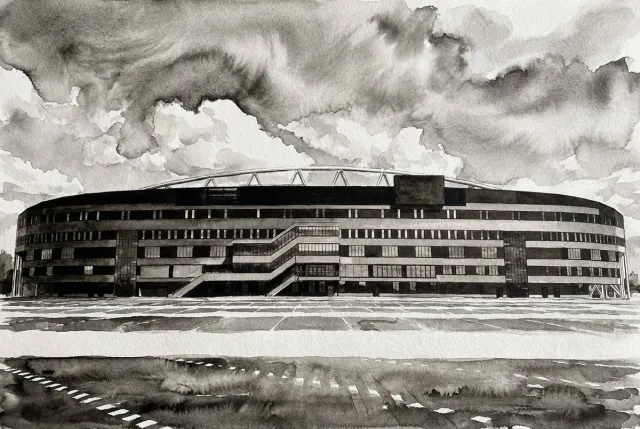 Atelier Iconique AFAS Stadion AZ Black and White Ink Wash Stadiums - Print op Canvas 90x60 cm - Atelier Iconique zwart