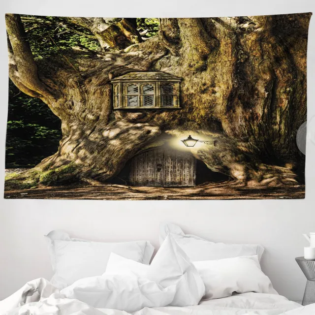 ABAKUHAUS Fantasy Wandtapijt en Sprei, Sprookjeshuis met Boom, 230 x 140 cm, Umberbruin Umber Braun