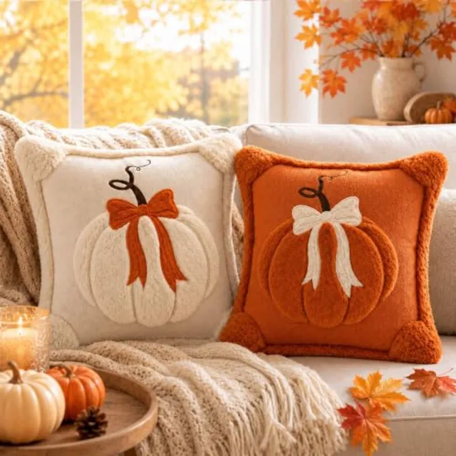 PZCC Kussenhoezen - Herfstdecoratie - Pompoen Kussenhoes - Decoratieve Kussenhoes - Geschikt voor Bank Woonkamer Herfst Halloween en Boerderijdecoratie - 45 x 45 cm Set van 2 - Oranje Wit