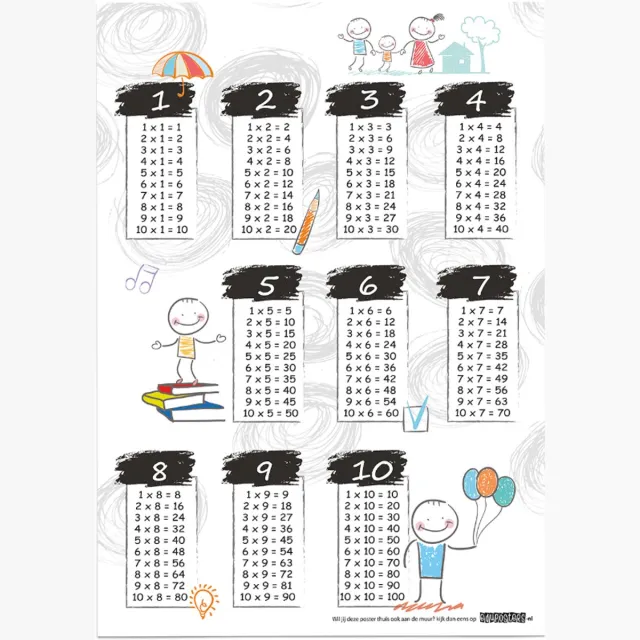 eduposters Educatieve poster (Posterpapier) - Rekenen tafels happy - 42 x 59.4 cm (A2) Beige