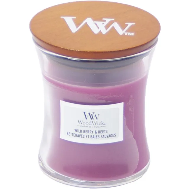 Woodwick Geurkaars Mini Candle - Wild Berry & Beets - 20 branduren - 85gr - 8 cm / ø 7 cm Roze