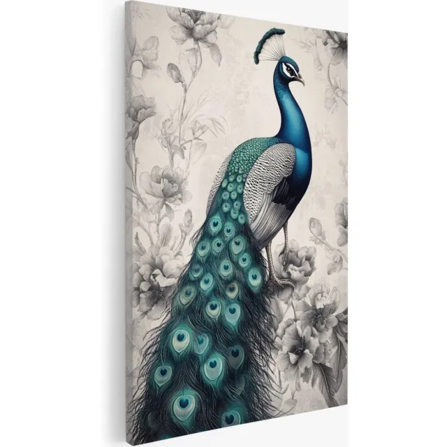 Saammp Canvas Schilderij - Pauw - vintage - Bloemen - Natuur - Dieren - 80x120 - Foto op canvas - Wanddecoratie - Muurdecoratie Woonkamer - Slaapkamer decoratie - Canvas Print Multicolor