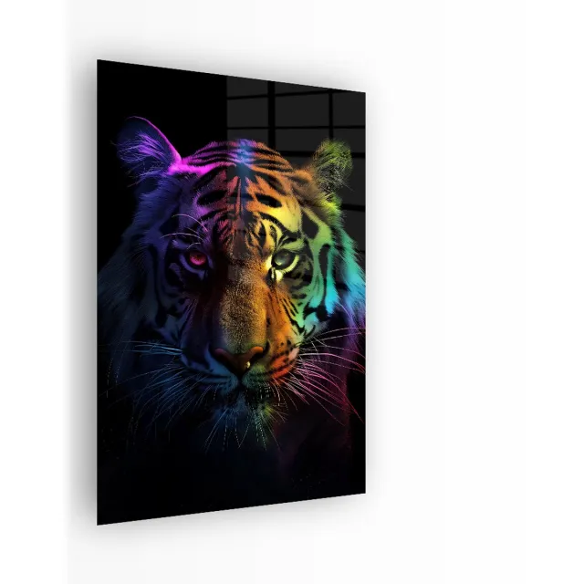 Indoorart Glasschilderij Tijger Regenboog 40x60 CM - Afbeelding op plexiglas - Inclusief montagemateriaal zwart, wit, bruin, blauw, groen, roze