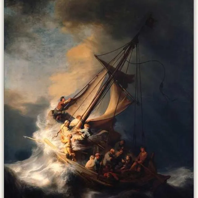 Grootmeesters ® Handgeschilderd schilderij Olieverf op Canvas - Rembrandt van Rijn 'De Storm op Zee' multi