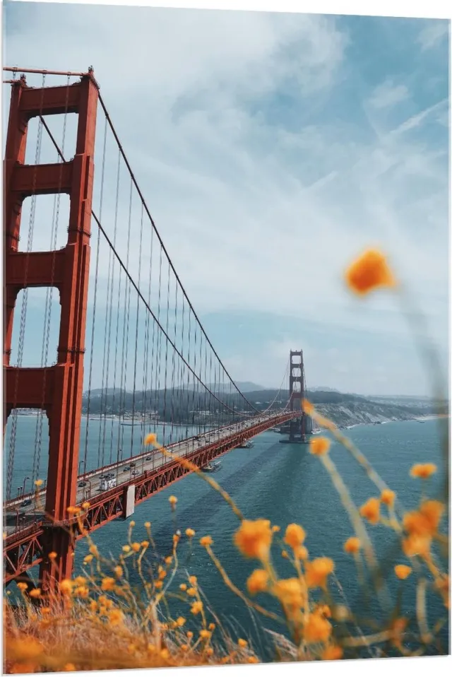 KuijsFotoprint Acrylglas - Golden Gate Bridge in Californië - 80x120cm Foto op Acrylglas (Met Ophangsysteem) Blauw