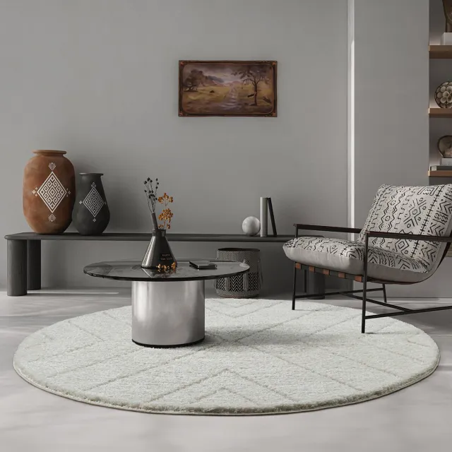 the carpet Bahar Shaggy – Hoogpolig vloerkleed met modern patroon, crème, 160 cm rond crème met chevronpatroon