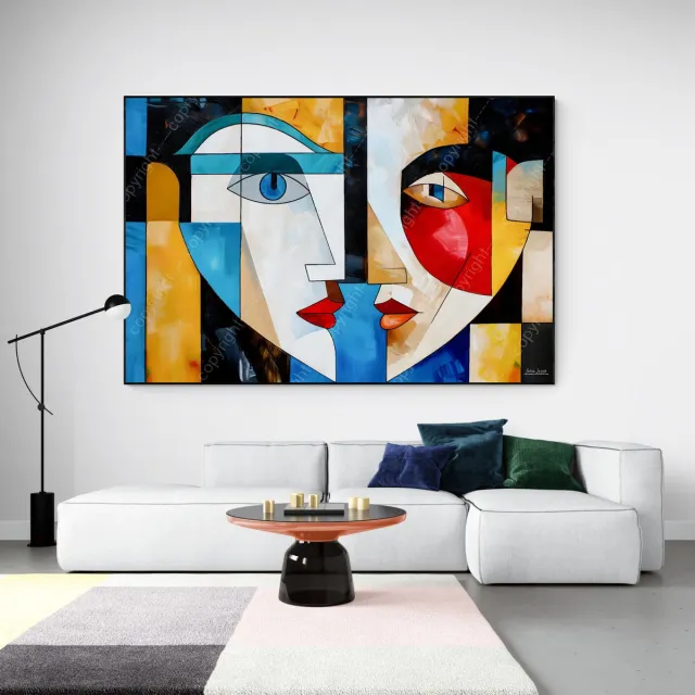 John Joseb Art (Aluminium) 90x60 | Man en vrouw, kubisme, abstract, kleurrijk, kunst | gezicht, mens, rood, bruin, blauw, geel, wit, modern | foto-schilderij op dibond, metaal wanddecoratie