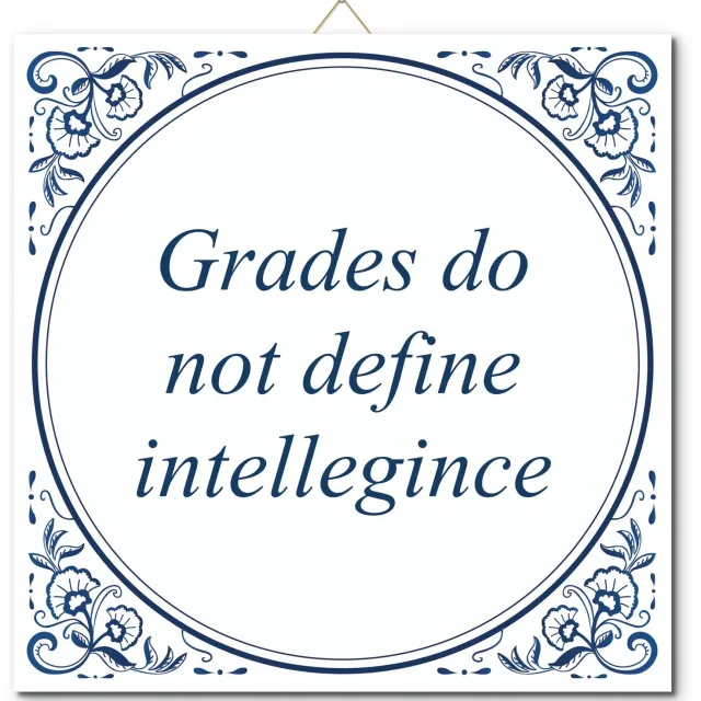 De Tegeltjesfabriek Tegeltje: Grades do not define intellegince (met standaard) wit en blauw