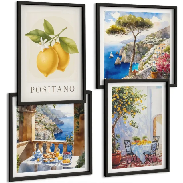 Coloray 4-Delige Schilderij Set - Uitzichten Op Positano Met Citroenen - Italiaanse Architectuur - 40 x 40 cm En 40 x 60 cm - Muurdecoratie - Wanddecoratie - Hal Zwarte lijst