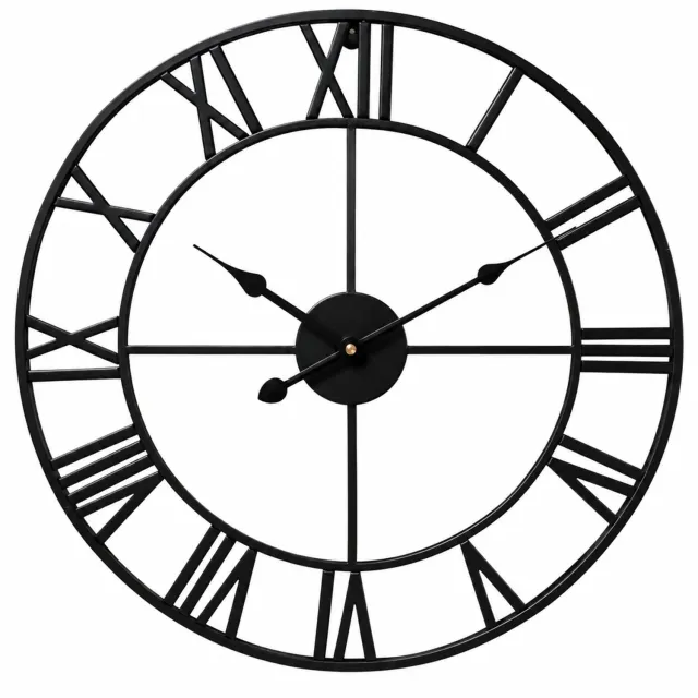 SWGOTA Zwarte ronde wandklok 47 cm van ijzer, open ontwerp met Romeinse cijfers en wijzers, in kartonnen doos met schuimverpakking