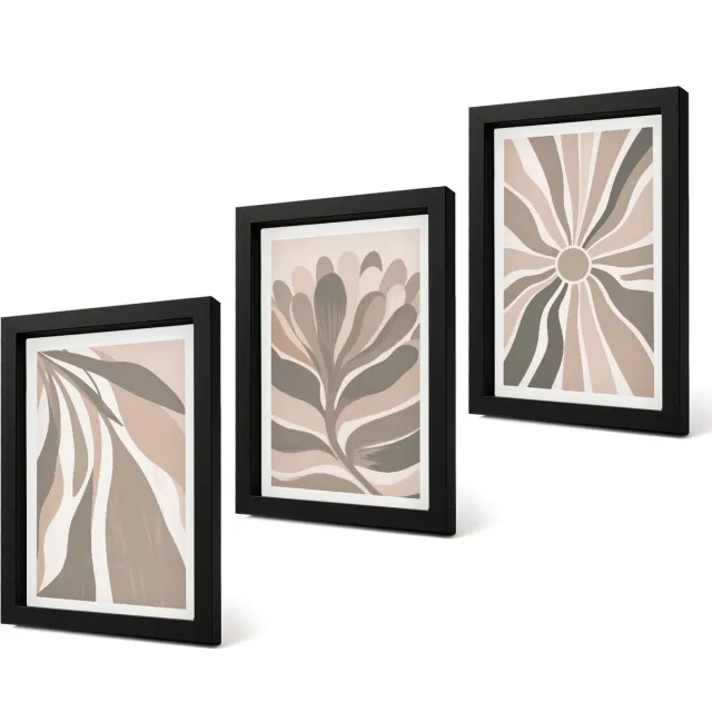 Coloray 4-Delige Schilderij Set - Abstracte plantpatronen in beige en bruine tinten. - 20 x 30 cm - Wanddecoratie - Muurdecoratie - Moderne Interieurdecoratie - Decoratieve Schilderijen Zwarte lijst