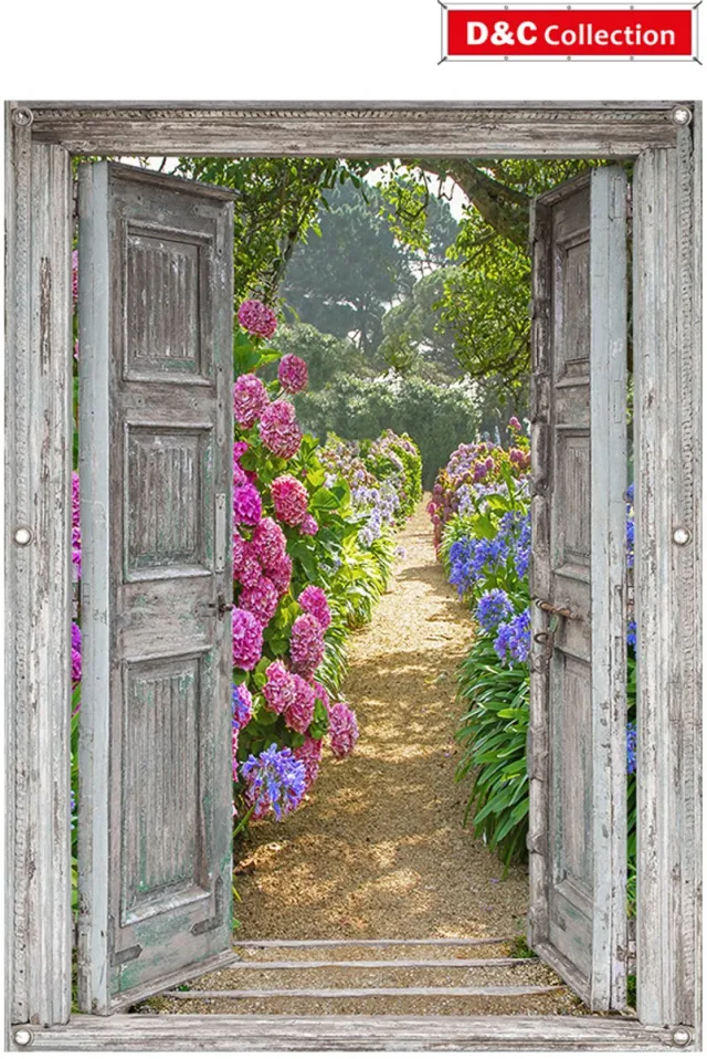 D&C Collection Doorzicht tuinposter - 130x95 cm - doorkijk - openslaande deuren - hortensia tuin zonder huis - tuindecoratie - tuindoek - balkon decoratie multi