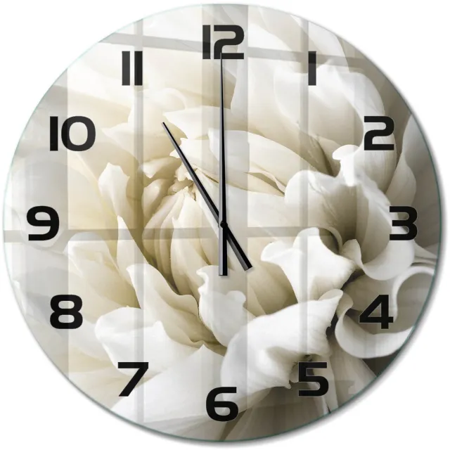 TULUP Wandklok - Witte dahlia Moderne Wandklok Glas - fi60 cm - Wit Wandklok Glas Decoratie - Zwarte handen - Ronde Klok - Glazen Wandklok Design - Klok Glas Met Opdruk