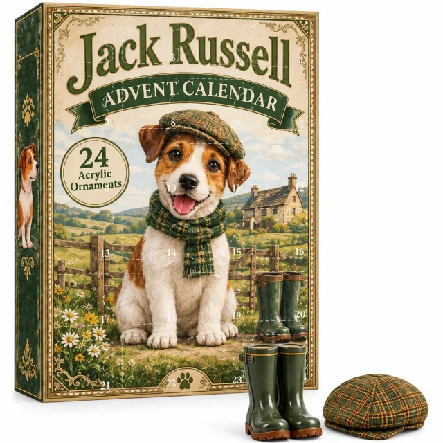 SWGOTA Adventskalender met 24 platte acryl kersthangers - Jack Russell en landelijke motieven - Met ophangkoordjes in kartonnen doos Wit
