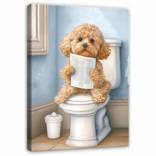 WALLARENA Schilderij op canvas - 90x60 cm - grappige hond op toilet met krant - badkamer wanddecoratie en toilet decoratie Veelkleurig