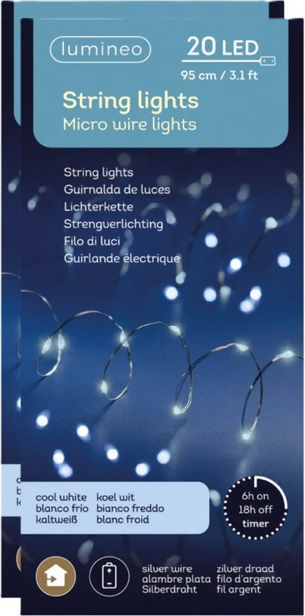 Lumineo draadverlichting - 2x - 20 led lampjes - helder wit - 95 cm - lichtdraad - kerstverlichting