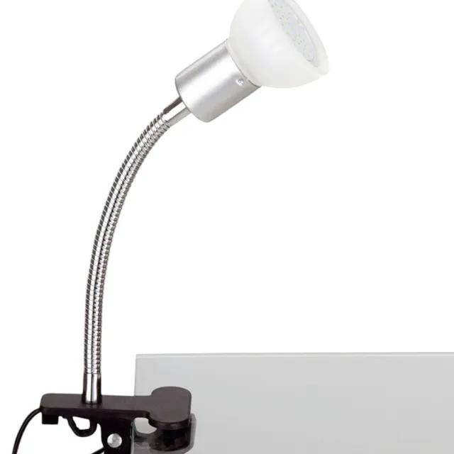 Trango LED Klemlamp *EASY* 2989-016 Tafellamp I Leeslamp I Clip Lamp met Wit Glazen Lampenkap, Klemspot I Nachtlampje I Bureaulamp incl. 1x 5 Watt GU10 3000K warm witte LED lamp Wit glas