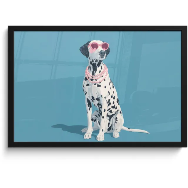FrameYourWall Poster in lijst - Fotolijst 60x40 cm - Posters - Dalmatiër - Zonnebril - Blauw - Posterlijst zwart - Decoratie - Wanddecoratie woonkamer - Muurdecoratie slaapkamer
