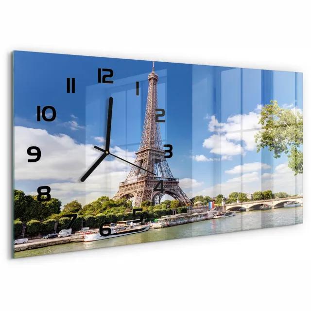 TULUP Wandklok - Eiffeltoren Parijs Glazen Klok Met Print - 60x30 cm - Blauw Wandklok Glas Met Motief - Zwarte handen - Rechthoekige Klok - Wandklok Glas Decoratie - Gekleurde Glazen Klok