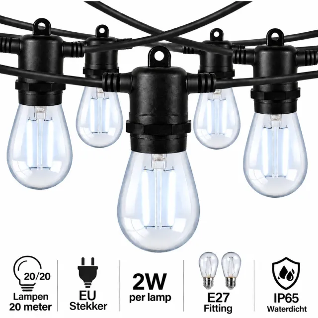 Wantohave Lichtsnoer Feestverlichting Buiten - 20 Meter - 20 LED Filament Lampen - E27 Fitting - 2W - Koel Wit - IP65