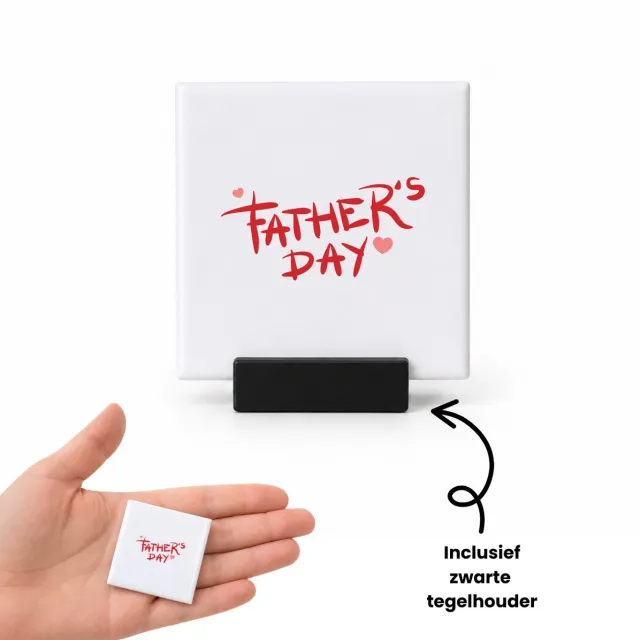 Hacebo Fathers Day in rood met 2 hartjes tegeltje met tegelhouder - Vader - lieve papa - tegeltjes met tekst - Vaderdag cadeautje - Cadeau voor papa - Verjaardag - Geschenk - Cadeau - Gift - spreuktegels - 4.8x4.8 CM Wit