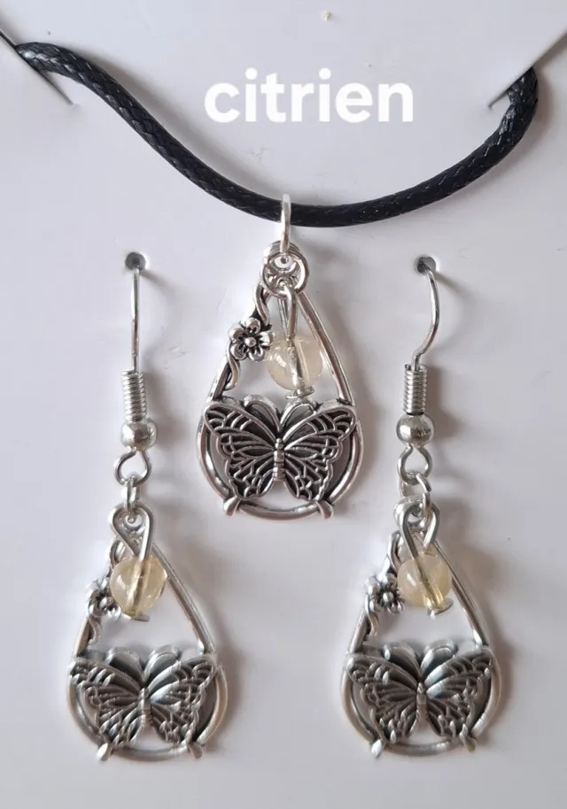 mineraalsteen Set "Citrien" Waterdruppel / Vlinder Ketting / Oorbellen geel