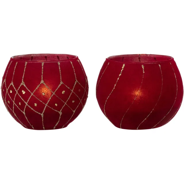 J-Line kaarshouder Lijnen/Geruit - fluweel - rood/goud - 2 stuks