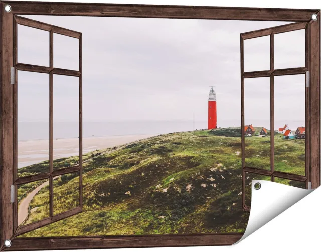 Gards Tuinposter Doorkijk Vuurtoren Texel - 90x60 cm - Tuindoek - Tuindecoratie - Wanddecoratie buiten - Tuinschilderij Donker bruin
