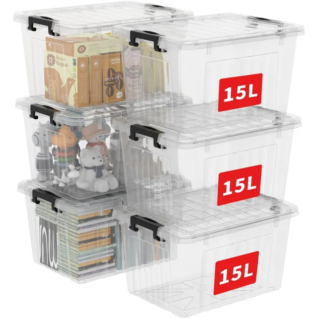 Famanu Opbergdozen, 15 l, set van 6 stuks, met groeven versterkte kunststof dozen met deksels en clips, stapelbare opbergdozen voor thuis en op kantoor, transparant