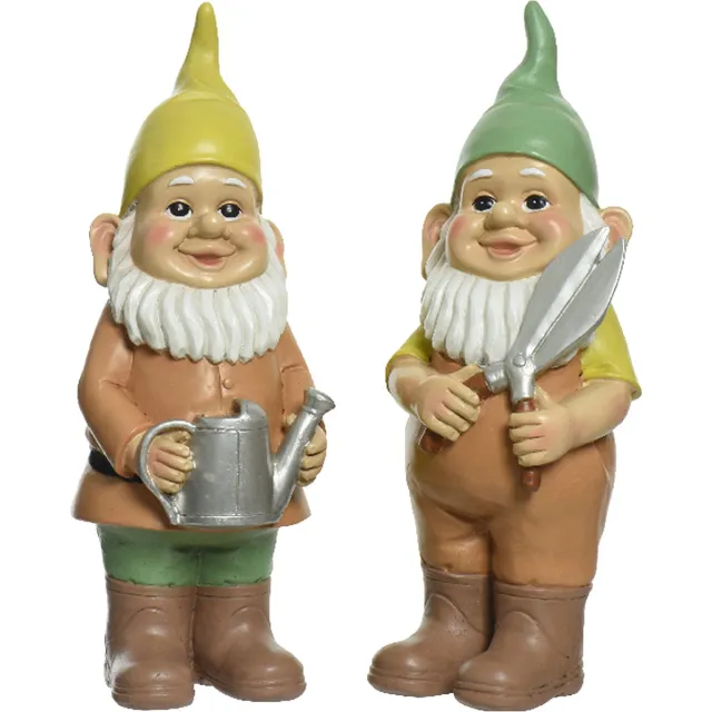 Decoris Tuinkabouter set 2x - tuinierende kabouters - kunststeen - H29 cm Groen