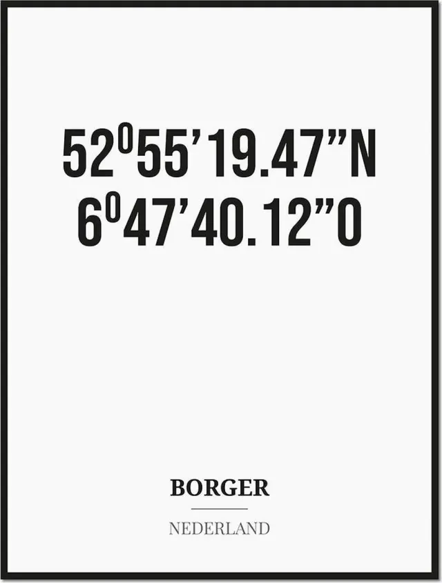 Studio216 Poster/kaart BORGER met coördinaten zwart, wit