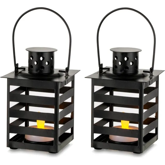 Decoratie Decoratieve lantaarns voor buiten, met led-kaars, lantaarn, kandelaar voor hangend, zwart, klein windlicht, kaarsenhouder, metaal, voor eetkamer, koffie, tafel, open haard, mantel, 2 stuks