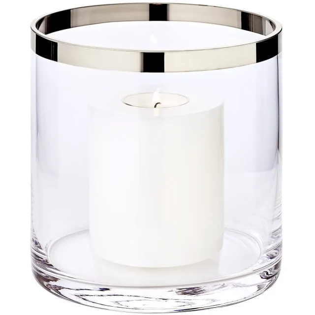 Famanu Windlicht van handgeblazen glas met platina rand, hoogte 15 cm en diameter 15 cm, ideaal voor stompkaarsen. Een veelzijdige en handige keuze voor dagelijks gebruik in en om het huis. Transparant